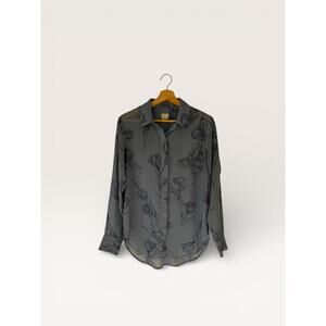 A New Day Medium Baby Blue Floral Sheer Button-Up Shirt